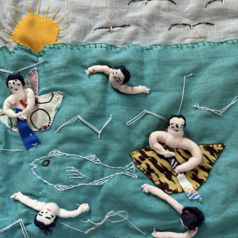 Vintage Folk Art Textile Beach Scene Wall Hanging 19”x19” gallery