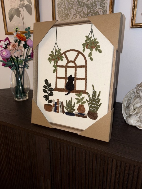 New BP Home Woven Embroidered Textile Wall Art Black Cat In The Window 12”x15” gallery