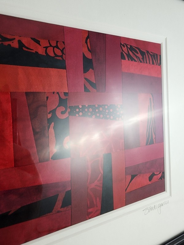 Fabric Art Red Blue Fiber Geometric Abstract Sandi Garris Signed 15x15" Framed gallery