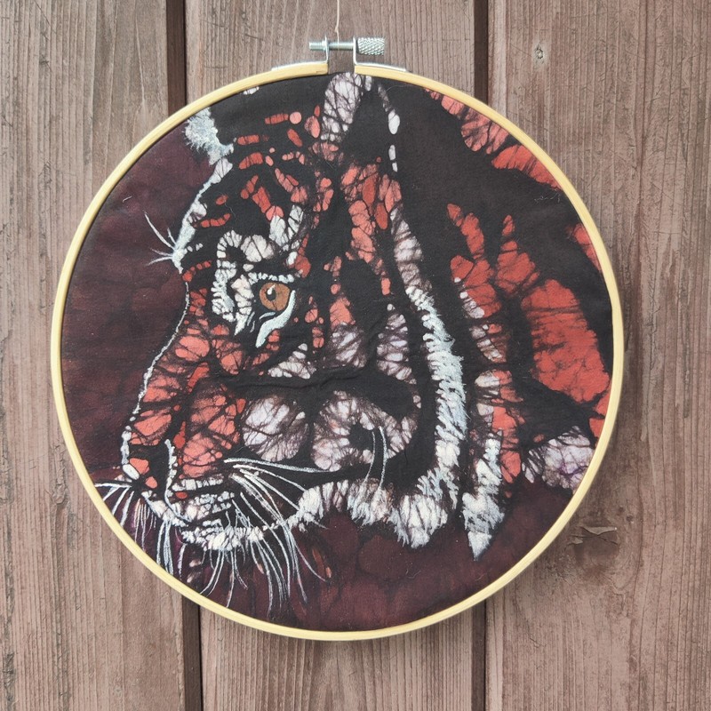 Tiger Batik Art OOAK Round Wall Hanging Handmade Original Framed 9 3/8″ Wild Cat
