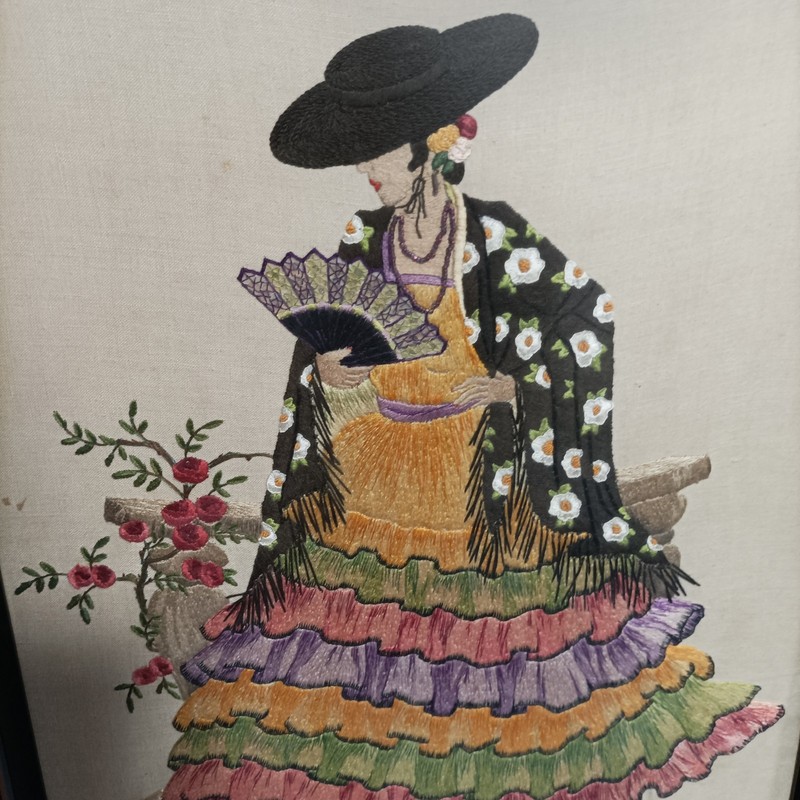 Large framed embroidered Tapestry picture of Spanish flamenco dancer Signed 1938 gallery