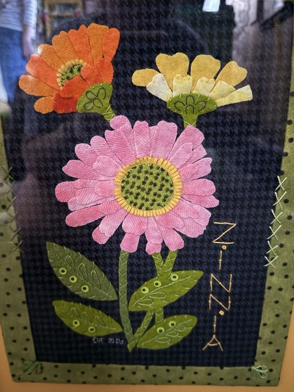 Hand Sewn Wool Appliqué “ Zinnia” Professionally Framed. ￼￼ gallery