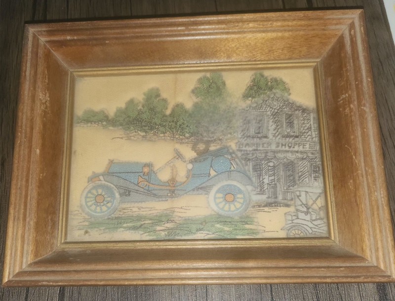 2 Vtg Framed Roadsters Textile Art Crossstitch Embroidery MCM Signed Shoppe gallery