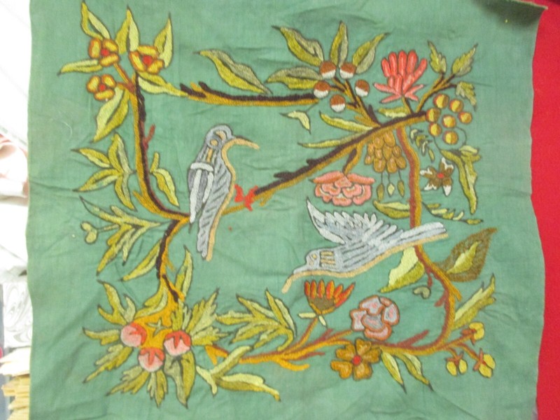 Vintage Needlepoint Picture on green linen 2 light Birds Jacobean Flowers