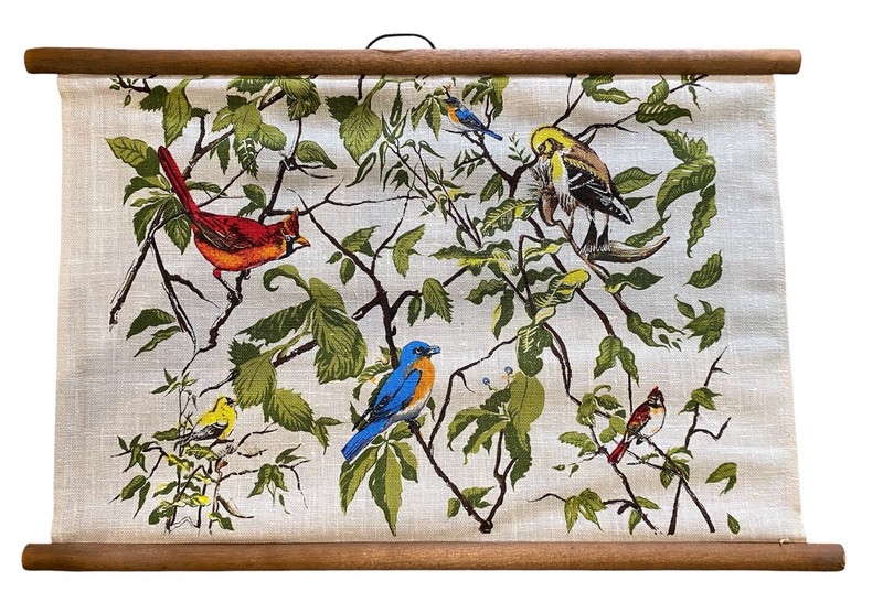 Vintage Linen Wall Hanging Wild Song Birds Cardinal Finch Blue Bird 18”x12”