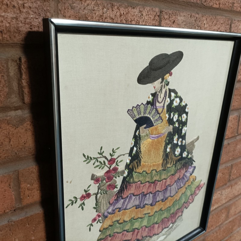 Large framed embroidered Tapestry picture of Spanish flamenco dancer Signed 1938 gallery