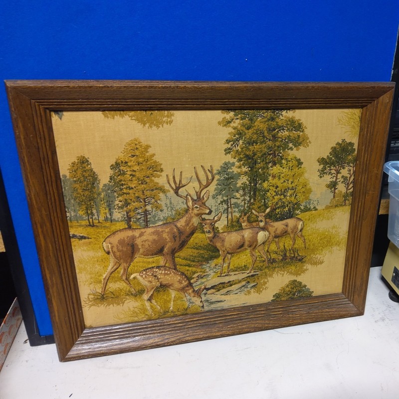 Vintage 3D «Stuffed Fabric» Framed Picture Of Deer in The Wilderness 21 x 17