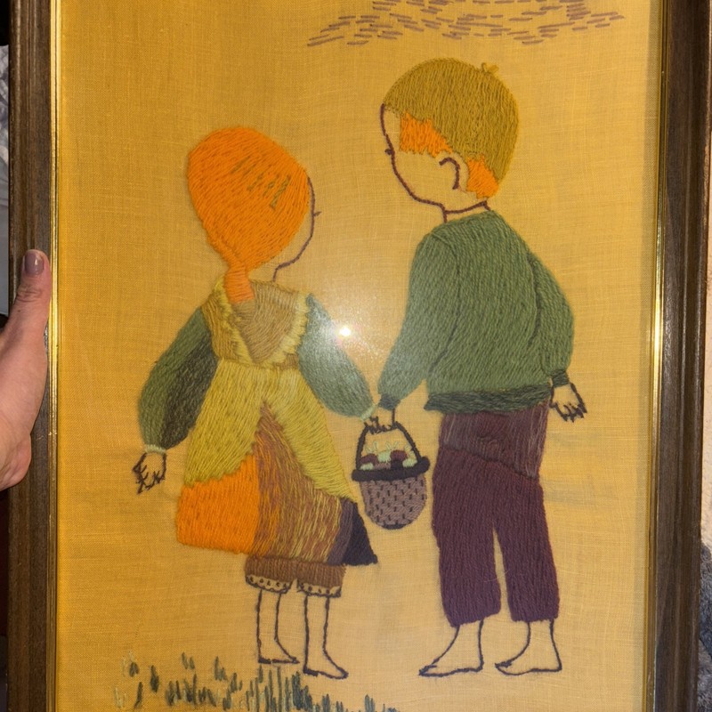 Vintage Framed Folk Art OOAK Embroidery Hanging Rustic Decor Children Wall Art gallery