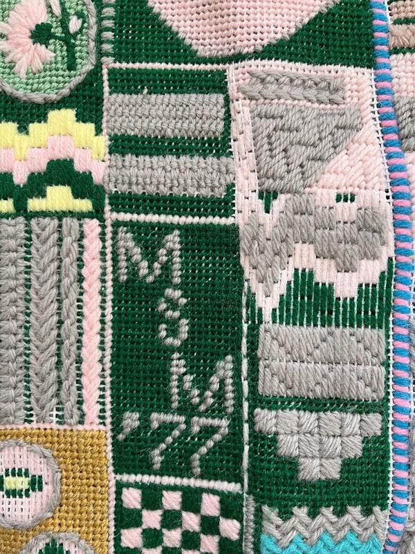 Vintage Retro 1977 Finished Patterned Colorful Needlepoint 13” Square Initials gallery