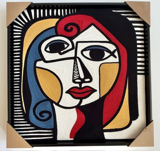 New BP Home Woven Embroidered Textile Wall Art Picasso Face Cubism Decor 17”x17”
