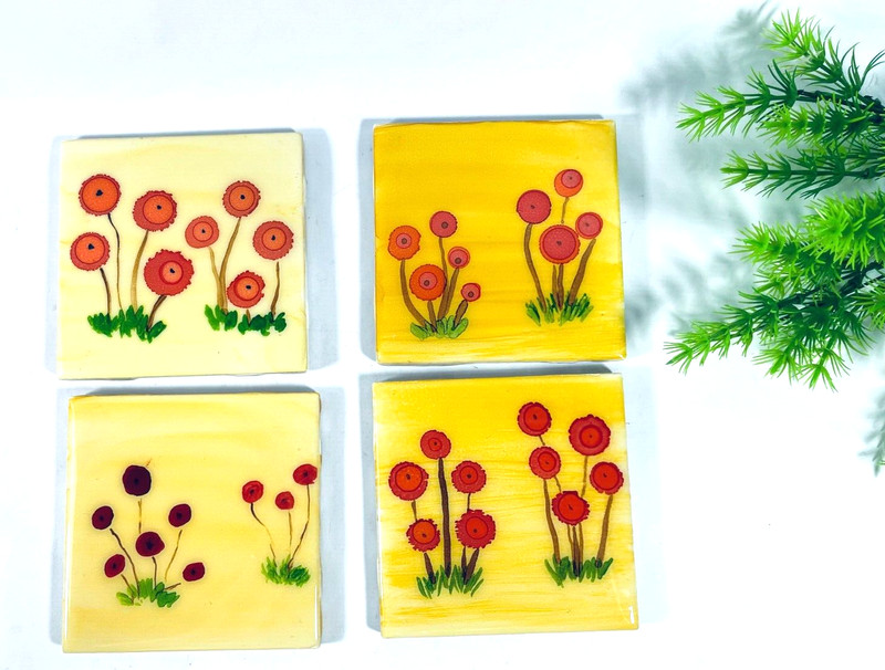 Decorative Ceramic Tile 4″ x 4″ Coaster Orange & Red Flower Yellow Flower (4)