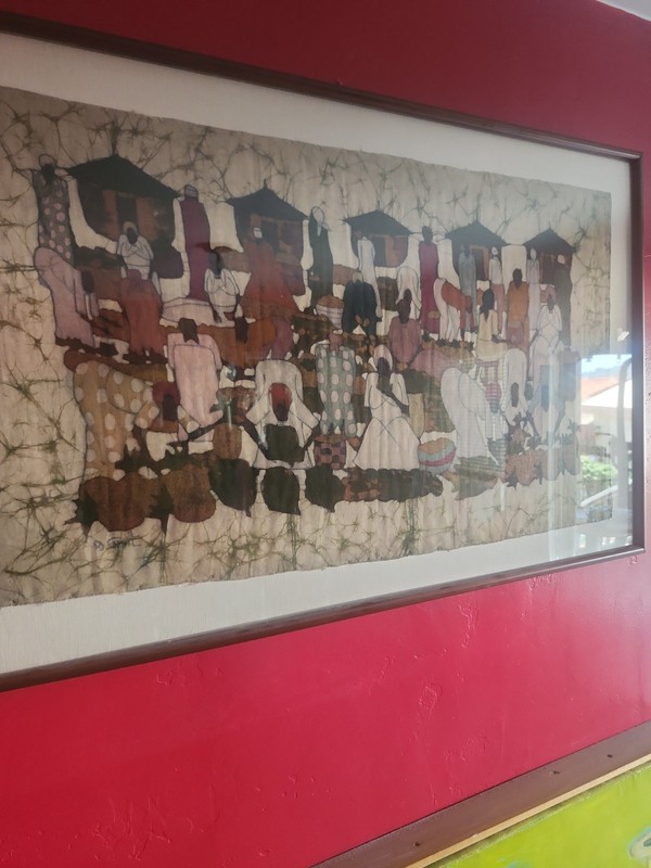 Batik African Art Market Village Scean Frame 38 X 24 Artists Unidentified