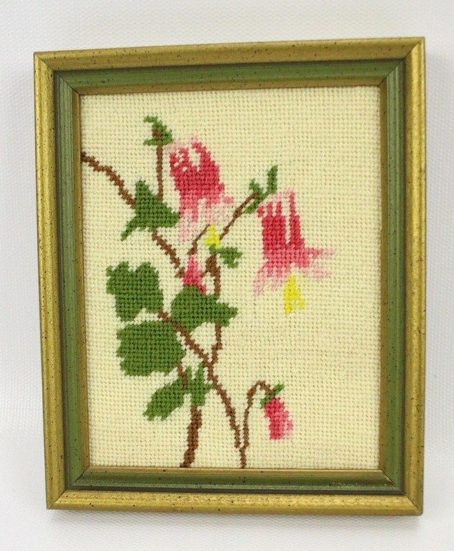 Vintage Cross Stitch Framed Art Snapdragon Dragon Flower Cottage Shabby Chic