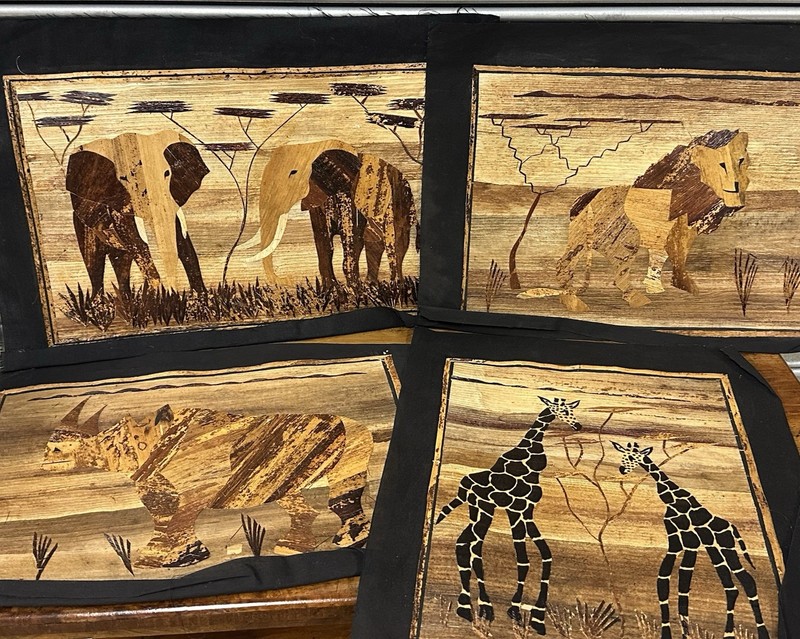 Set of 4 Vintage African Banana Leaf Marquetry Inlay Pictures, African Animals gallery