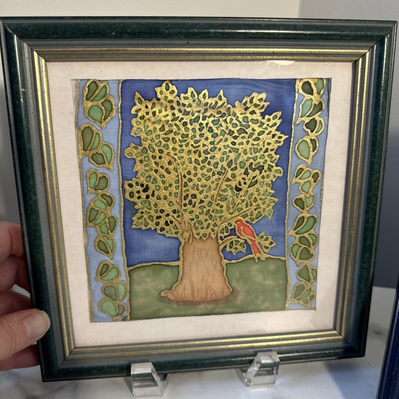 Pair (2) Small Hand Painted Silk Trees Art Framed gallery