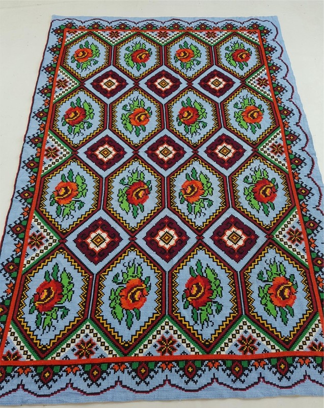 Vintage Traditional Handmade Floarl Romanian Folk Art Cross Stitch Panel 209×140