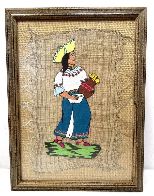 Vintage 1979 Ecuador Hand Woven Horsehair Backing Crewel Embroidery Wall Art x2 gallery