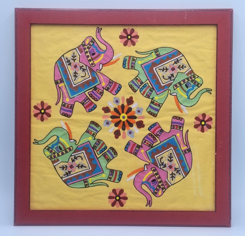 Indian Folk Art Embroidered Elephants Professionally Framed Tapestry Colorful