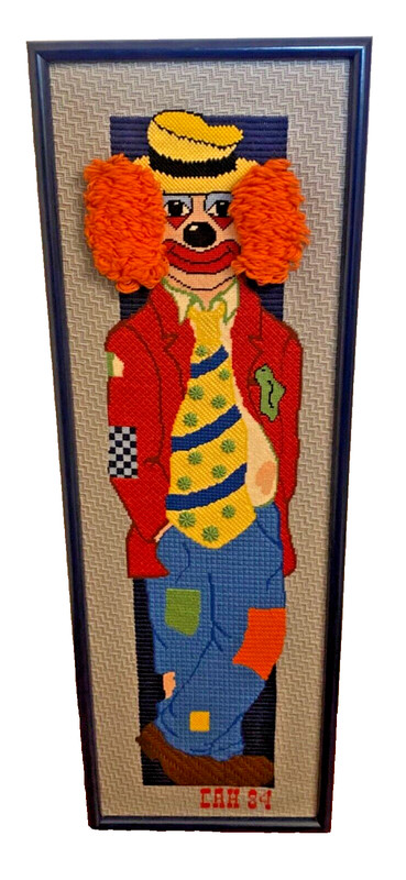 Handmade HOBO CLOWN Needlepoint Art 37 x 12″ Embroidery Granny Framed Signed ’84