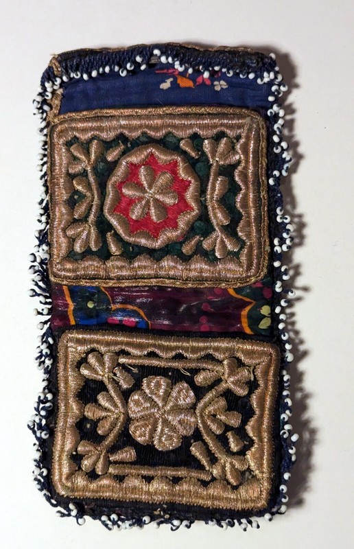 Small Uzbek Finely Embroidered Beaded Amulet Bag/Purse with Gold Thread RARE