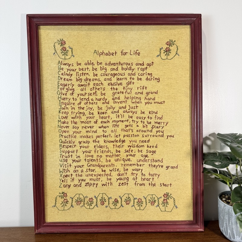 Vintage Framed Embroidery «Alphabet for Life» Inspirational Quote Textile Art