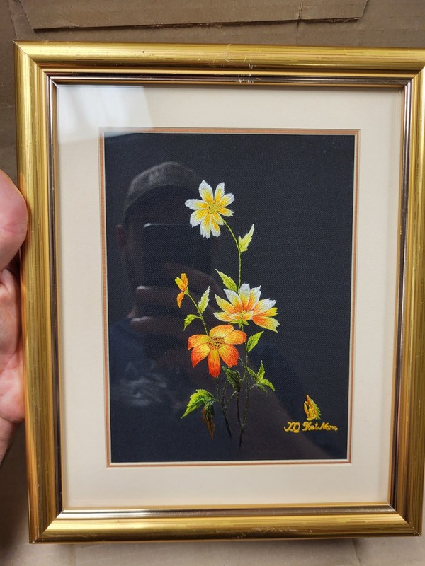 Vietnamese Hand Embroidery Flowers 5 3/4″ x7 3/4″ Art Frame 9×11