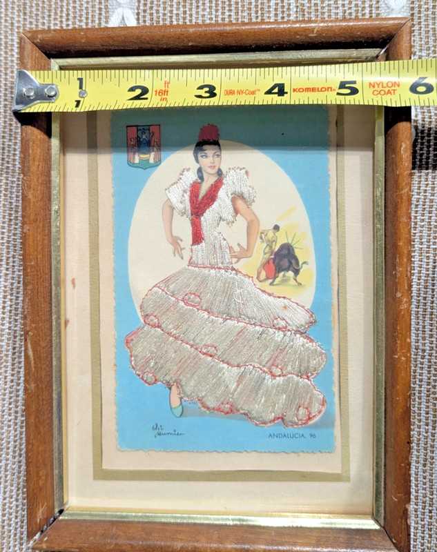 Vtg Framed Andalusia Spain Postcard Needlework Woman in Dress 5.5x8 Wall Art gallery