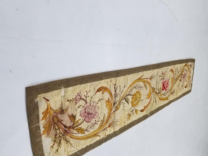 Antique French Hand Embroidered Floral Panel with Metallic Lace 118x26cm gallery