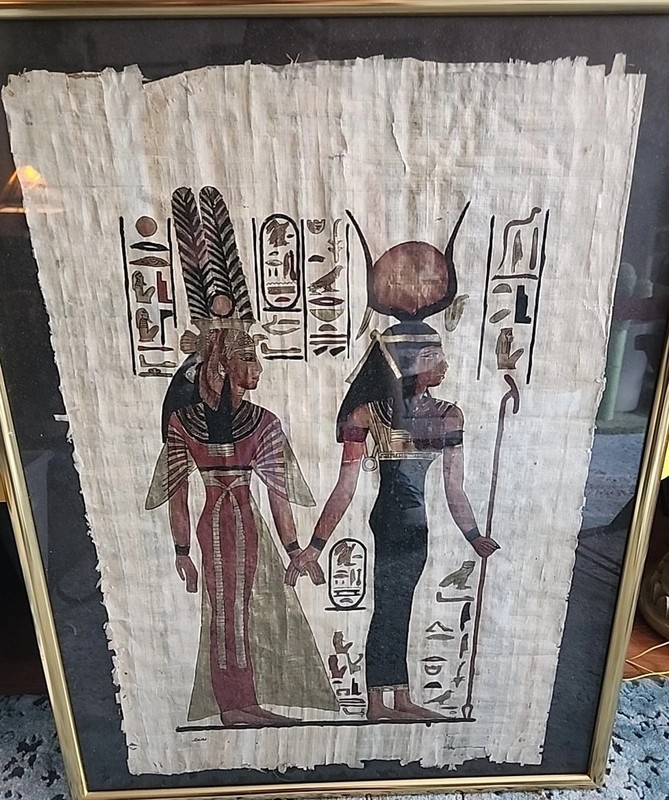 Egyptian Goddesses Hand Painted Scroll Art Work Framed Gold Trim Vintage Good!