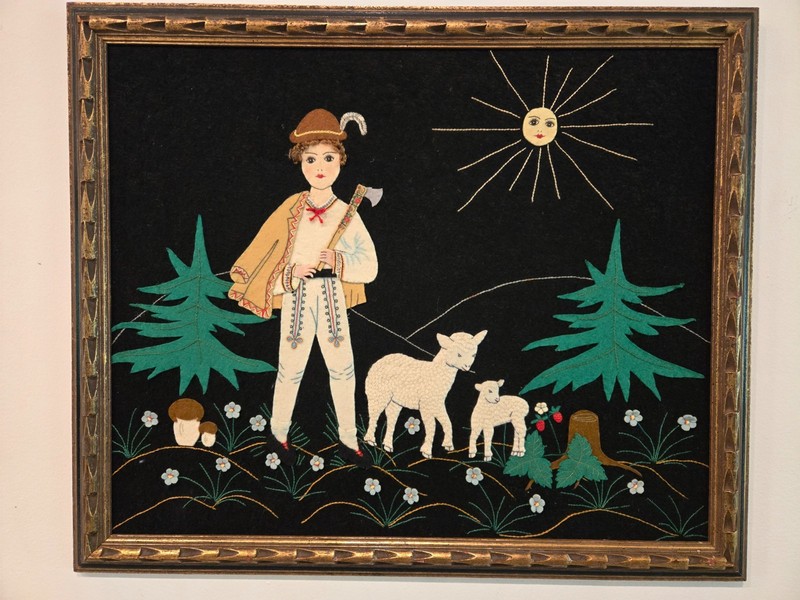 Vtg Textile Fabric Children’s Room Folk Art Tyrolean Shepherd Boy Lambs Sun Face