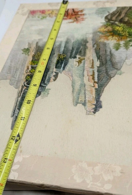 Vtg Asian Silk Embroidery Art Mountain and Trews Natural scenery on Board READ gallery