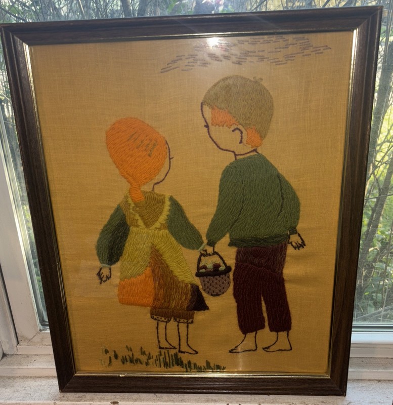 Vintage Framed Folk Art OOAK Embroidery Hanging Rustic Decor Children Wall Art