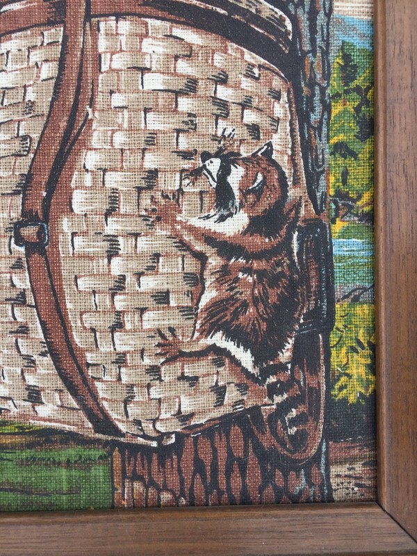 Vintage KAY DEE 100 % Linen Framed Art RACCOON Fishing Basket Tent Camp 16/16 gallery