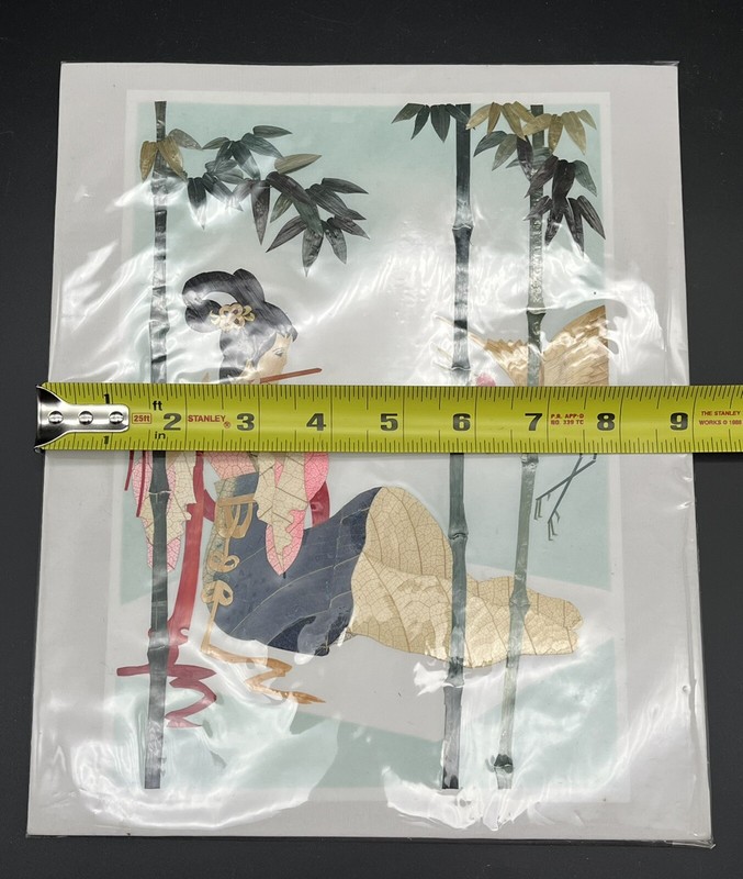 3 VTG Hand Cut & Dyed Wheat Stalk on Silk Art Pictures Geisha Crane Landscapes gallery