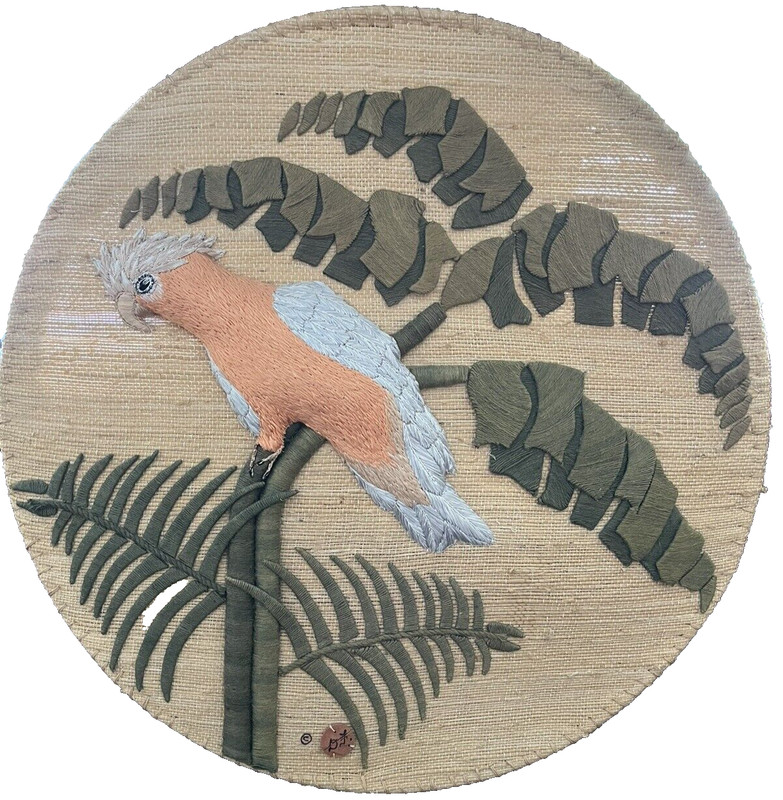 Vintage Don Freedman Round Parrot Bird Wall Hanging 36″ Jute Silk Tapestry