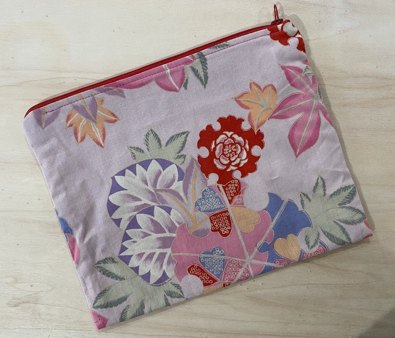pink red floral zipper pouch with filet crochet lace 9x7.5” gallery