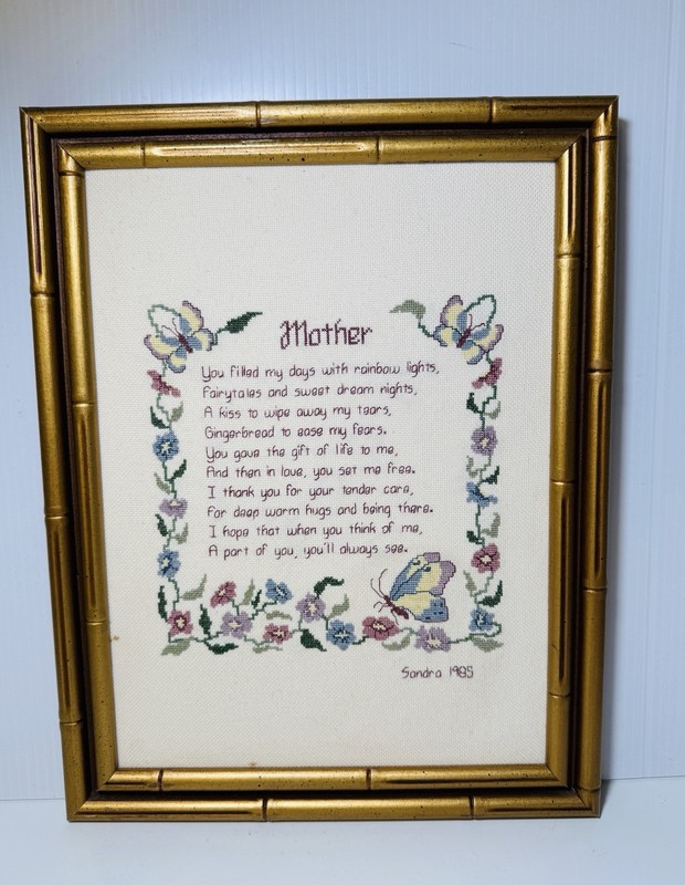 Framed Cross Stitch Vintage Embroidery Framed Mother’s Poem 14”x 11”