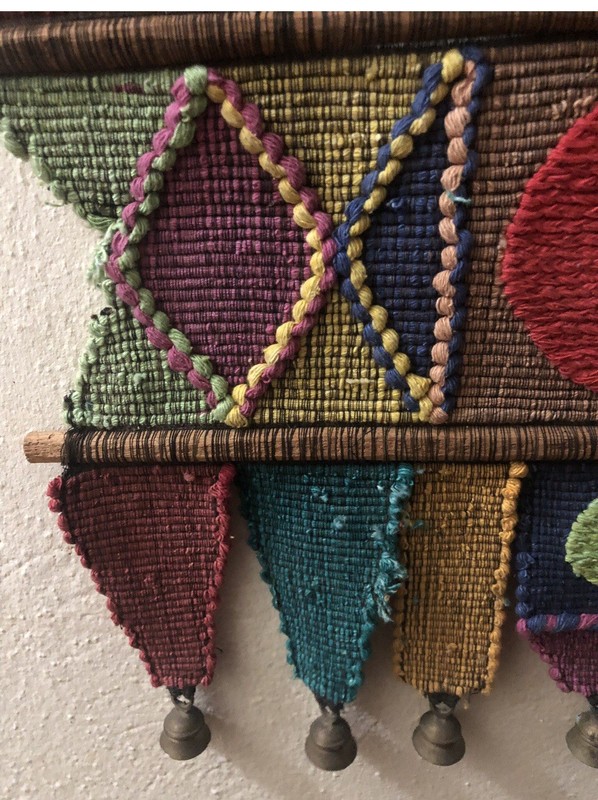 Vintage Mid Century Tribal Folk Art - Woven Wall Hanging - Bronze Bells gallery