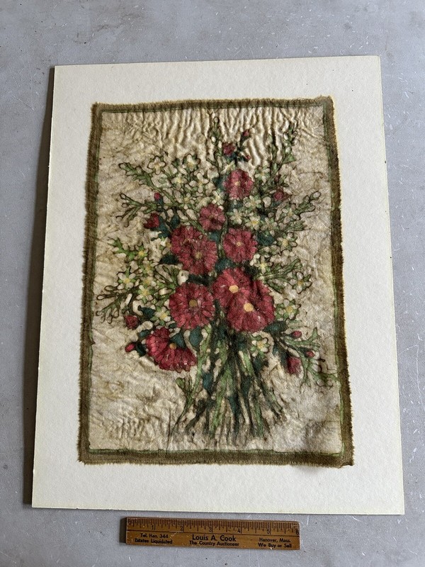Antique Textile Hand Printed Red Flowers On Silk Matted on Board