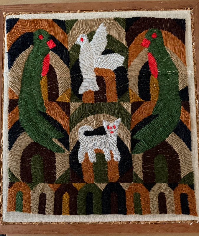 Art Tapestry Mid-Century Embroidery Cat Birds Central America Vintage