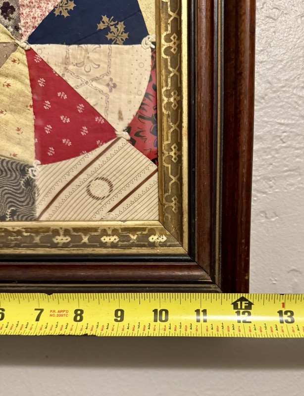 Antique 1800s Walnut Frame w/ Early 1900s Patchwork Quilt Square Textile Art gallery