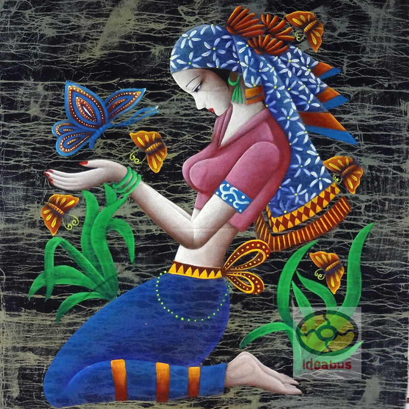 Art Home Wall Hanging Oil-painting style Batik Tapestry -Butterfly & Girl 44x33" gallery
