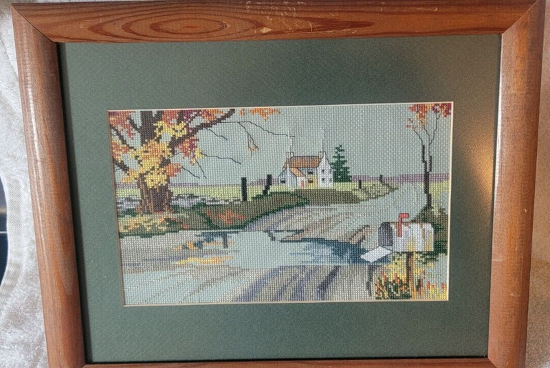 Vintage Cross Stitch Mill Country Side Fall Scene in 16x13 Frame. Pre Owned