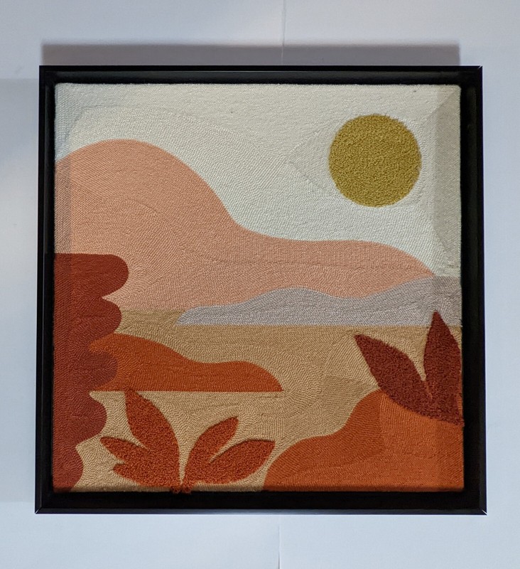 Vtg 70’s Inspired Funky Textural framed wall tapestry 18″x18″