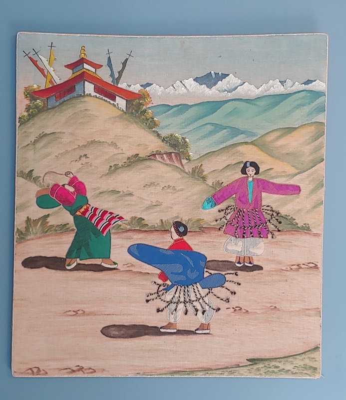 Vtg Tibetan Art Hand Embroidered & Painted Textile Fabric Asian Folk 29.5×26.5in