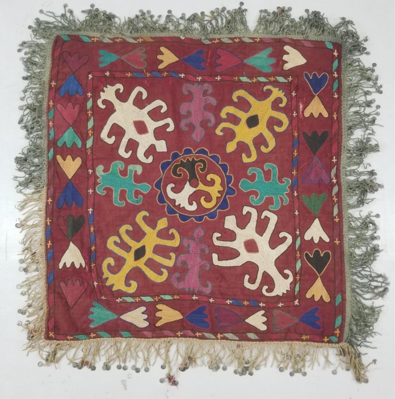 Antique Traditional Uzbek Suzani Hand Embroidered Geometric Motif Textile 58x58c