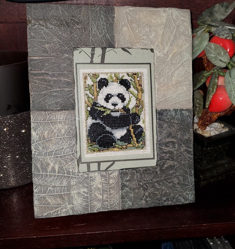 Panda with Bamboo In Stone Frame Handstitched Handmade and Detailed!