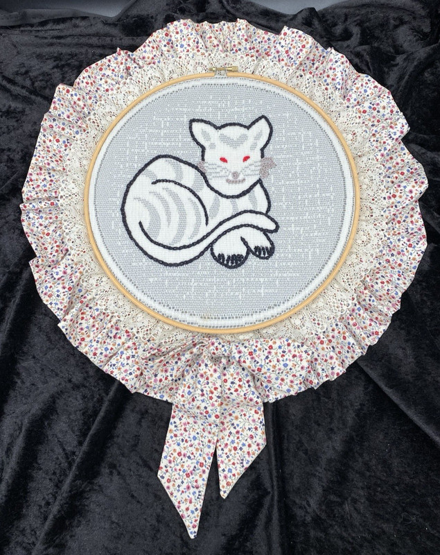 Handmade Embroidery Art, Grey Tabby Cat, Hoop & Cloth Framed, Wall Hanging