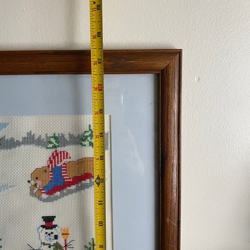 Vintage 1980s Cross Stitch Teddy Bear Christmas Winter Scene Framed Art gallery