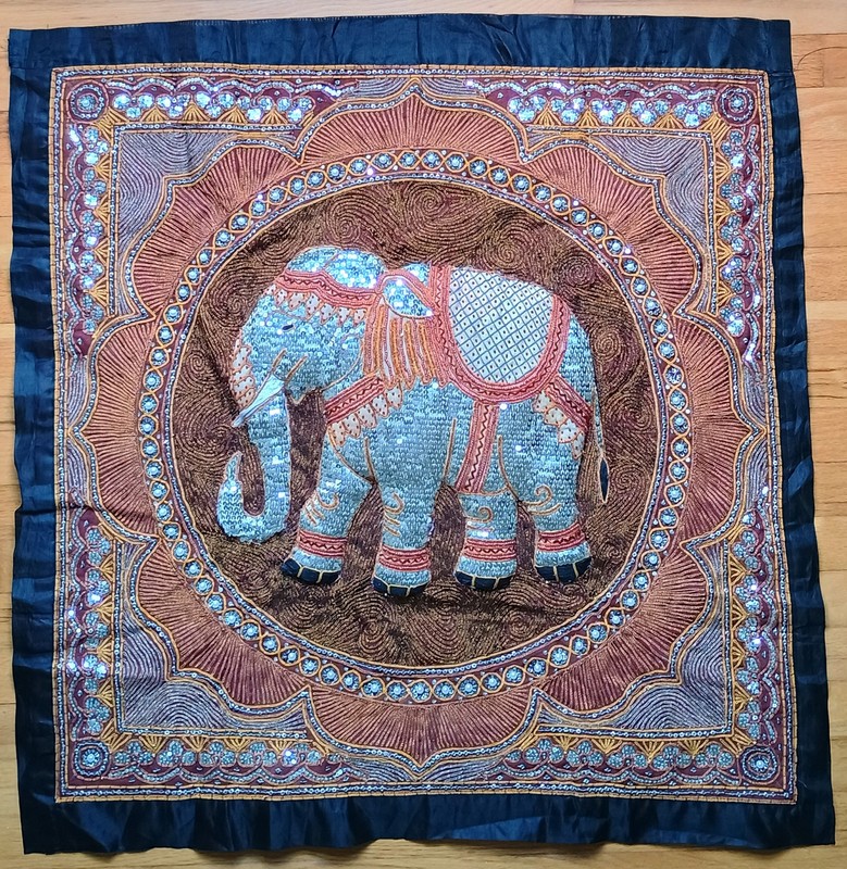 Handmade Burmese Kalaga Tapestry One-Of-A-Kind New Sequined Embroidered Elephant